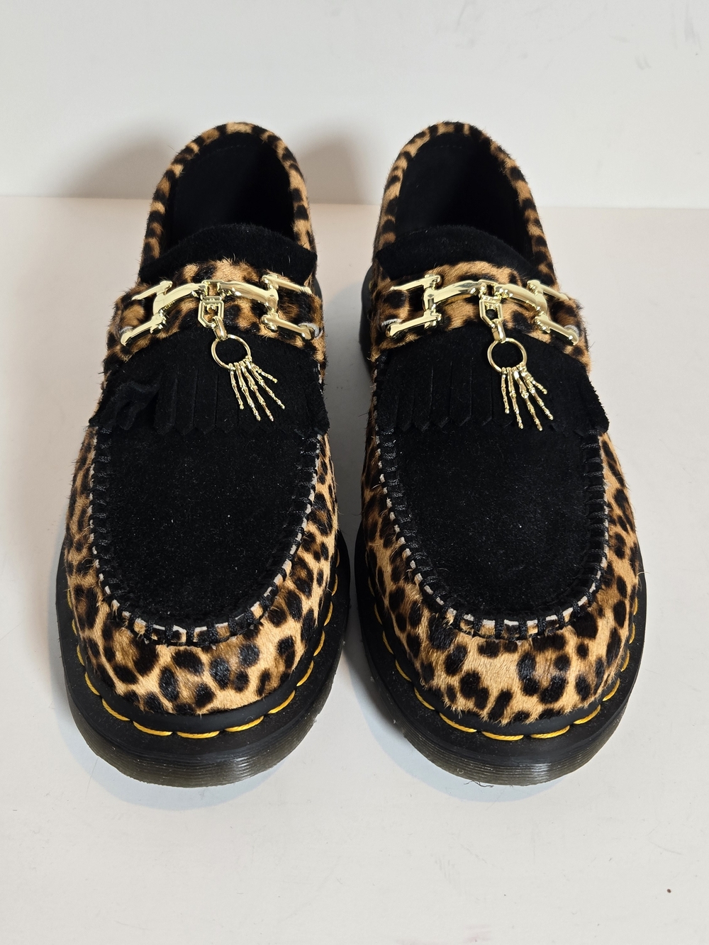 Dr. Martens Leopard Print Black Suede Tassel Loafers with Gold Hardware